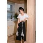 Square-neck Short-sleeve Ruffled Blouse / Paneled Lace-up Midi A-line Skirt