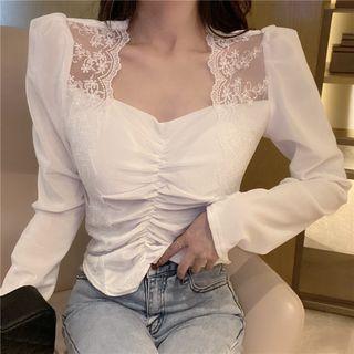 Lace Panel Shirred Front Cropped Top