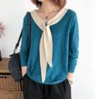 Two-tone Panel Tie-neck Knit Top