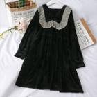 Patchwork Loose-fit Velvet Dress Black - One Size