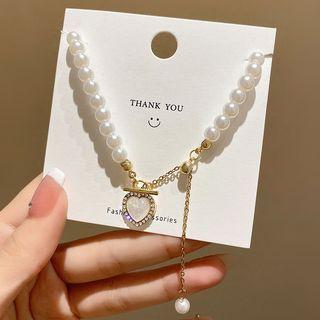 Heart Pendant Faux Pearl Alloy Choker X890 - Gold - One Size