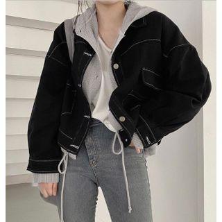 Long-sleeve Plain T-shirt / Long-sleeve Hooded Knit Cardigan / Denim Jacket