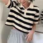 Striped Cut-out Elbow-sleeve Cropped Polo Shirt