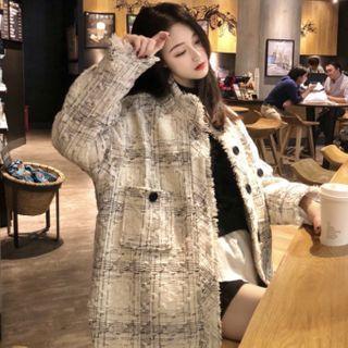 Fringed Trim Tweed Button-up Jacket