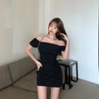 Square Neck Plain Pleated Puff-sleeve Dress
