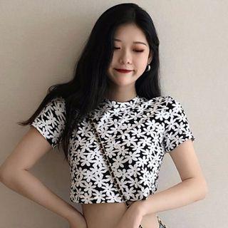 Short-sleeve Crop Floral T-shirt As Shown In Figure - One Size