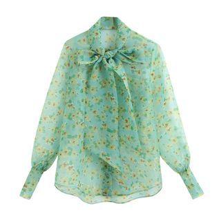 Floral Tie-neck Long-sleeve Organza Blouse