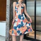 Flower Print Tie-neck Sleeveless A-line Dress
