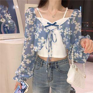 Long-sleeve Mock Two-piece Floral Top
