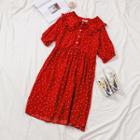 Frilled Trim Collar Dotted Print Short Sleeve Dress Red - One Size