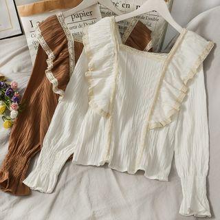 Lace Ruffled-trim Square-neck Loose Top