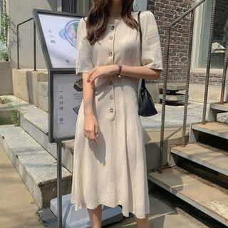 Half-placket Flare-hem Midi Dress