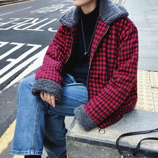 Loose-fit Fleece-trim Check Coat