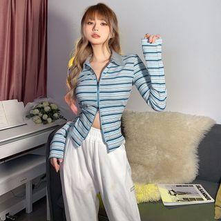 Long-sleeve Striped Zip Polo Shirt