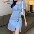 Short-sleeve Lace-up Frill Trim Mini A-line Dress