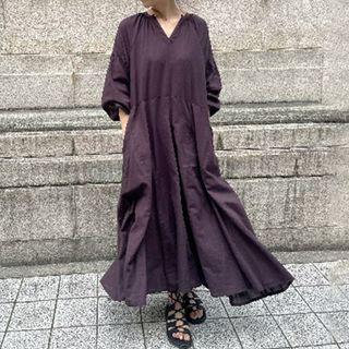 Elbow-sleeve V-neck Plain Dress Fuchsia - One Size