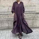 Elbow-sleeve V-neck Plain Dress Fuchsia - One Size
