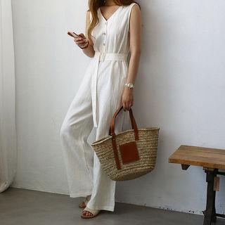 Sleeveless Buttoned Belted Linen Jumpsuit