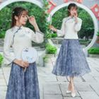 Flower Embroidered 3/4 Sleeve Cheongsam Top / Floral Print Midi Skirt