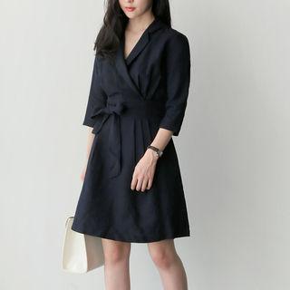 3/4-sleeve Notched-lapel Tie-waist A-line Dress