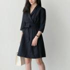 3/4-sleeve Notched-lapel Tie-waist A-line Dress