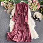Long Sleeve Lapel Pleated Maxi Dress With Belt