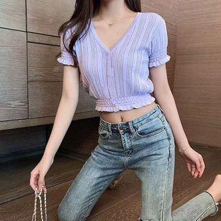 Balloon-sleeve Ruffle Trim Knit Top