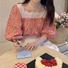 Short-sleeve Lace Trim Floral Print Top Floral - Red - One Size