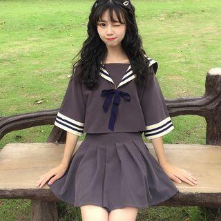 Set: Sailor-collar Elbow-sleeve Top + Pleated Mini Skirt As Shown In Figure - One Size