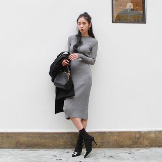 Long-sleeve Wool Blend Rib-knit Long Bodycon Dress