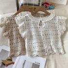 Cap-sleeve Perforated Button-up Crop Top