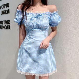 Off-shoulder Gingham Lace Trim Mini A-line Dress