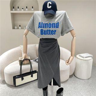 Short-sleeve Lettering T-shirt + Asymmetrical Midi Skirt