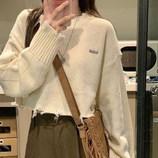Long-sleeve Drop Shoulder Distressed Crop Sweater