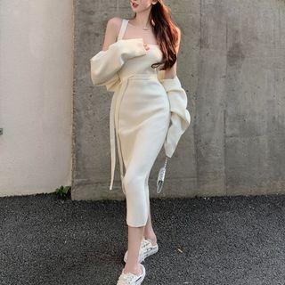 Spaghetti Strap Tie-waist Knit Midi Sheath Dress / Shrug