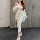 Spaghetti Strap Tie-waist Knit Midi Sheath Dress / Shrug