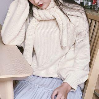 Plain Loose-fit Sweater With Scarf
