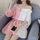 Elbow-sleeve Striped Panel Mini A-line Shirtdress
