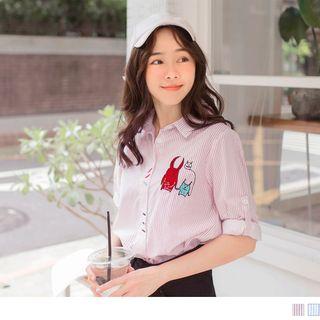 3/4-sleeve Monster Embroidered Striped Blouse