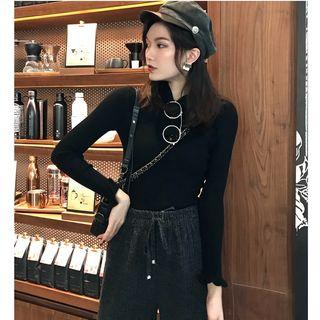 Mock-neck Long-sleeve Knit Top / Cropped Wide-leg Pants