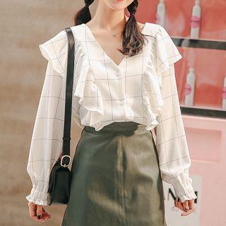 Plaid Ruffle Trim V-neck Blouse
