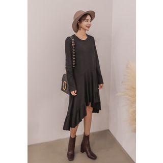 Round-neck Frilled-hem Midi Dress