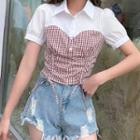 Short-sleeve Mock Two-piece Gingham Shirt