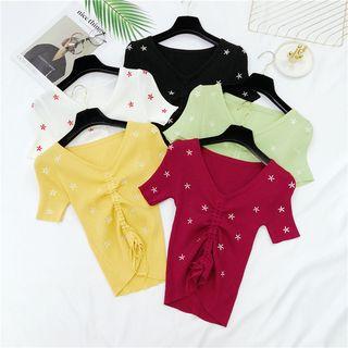 Embroidered Drawstring Knit T-shirt