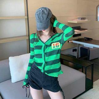 Striped Number Embroidered Cardigan