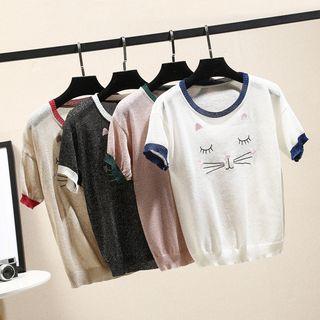 Short-sleeve Cat Embroidered Knit Top