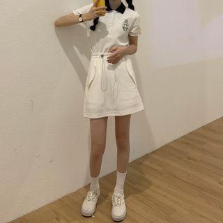 Short-sleeve Embroidered Polo Shirt / High-waist Drawstring Skirt