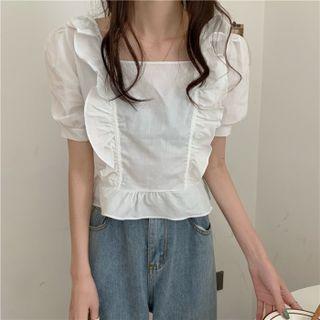 Square Neck Ruffle Puff Short Sleeve Plain Tie-waist Crop Top