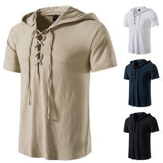Short-sleeve Hooded Lace-up T-shirt
