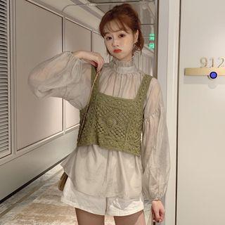 Mock-turtleneck Blouse / Pointelle Knit Cropped Camisole Top